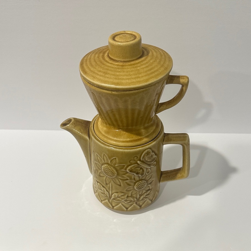 Vintage Brown Ceramic Teapot and Dripper Set. Great gift for any tea lover.